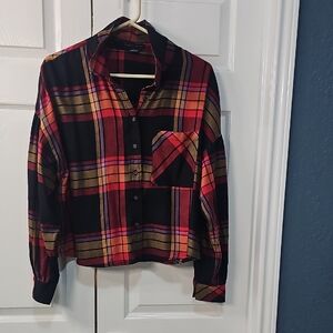 Sanctuary Women's Plaid Crop Button Down Festival Long Sleeve Top Large
